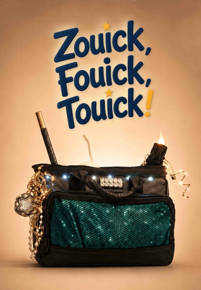 Affiche promotionnelle pour le spectacle de Monsieur Fred Zouick, Fouick, Touick avec toute l'imagination et les émotions de couleurs de Noël avec les enfants pour les arbres de Noël des entreprises