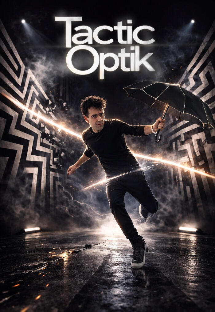 TacticOptik Affiche du spectacle Zouick, Fouick, Touick ! Qui représente Monsieur Fred avec tous ces objets, émotions imagination, rempli de couleurs