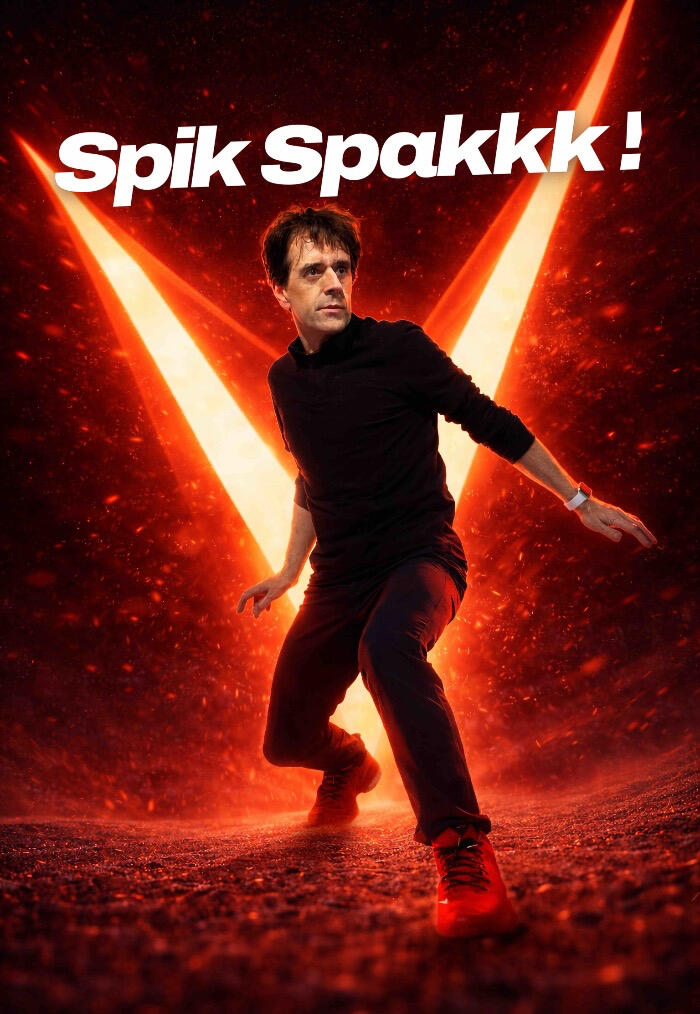 Spik Spakkk ! Affiche du spectacle Spik Spakkk ! Qui représente Monsieur Fred dans son décor de super-héros.
