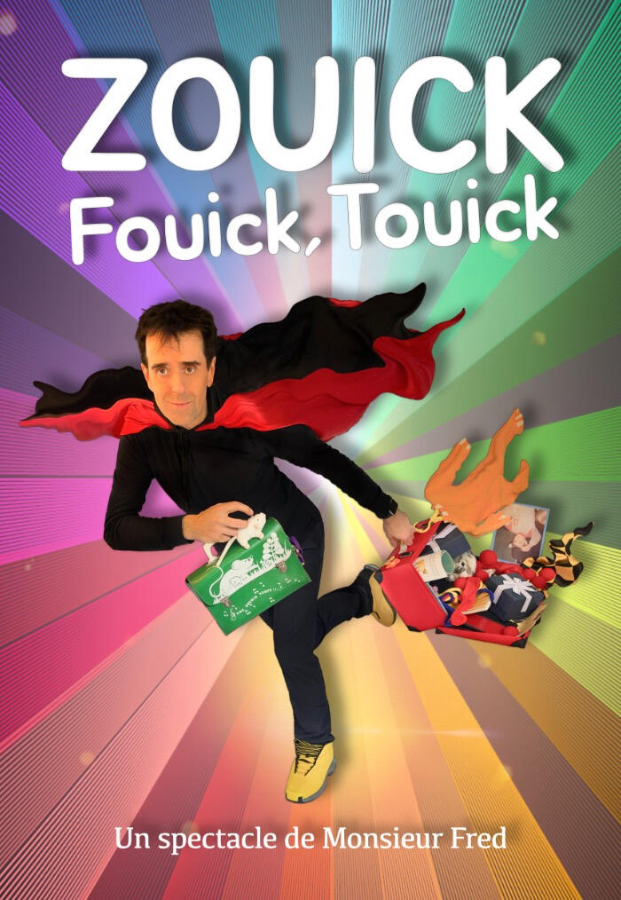 Zouick Fouick Touick Visuel du spectacle de Noël “Zouick, fouick, touick” : Monsieur Fred traverse son décor imaginaire en courant.